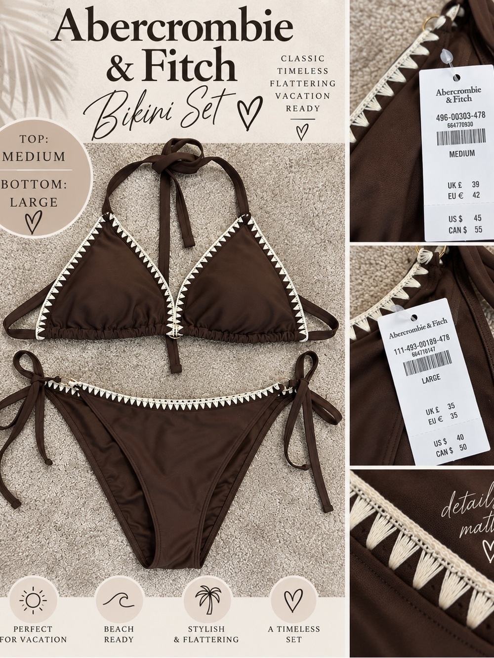 Abercrombie & Fitch Brown Bikini Set with White Crochet Trim